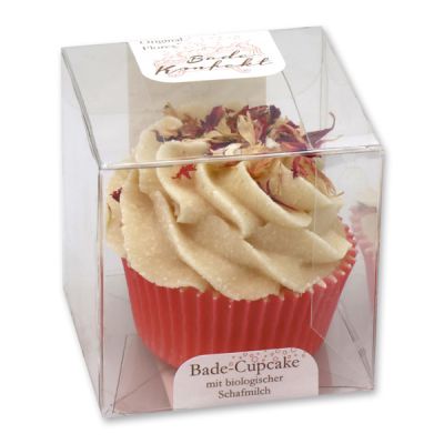 XL Badebutter-Cupcake mit Schafmilch 90g in Cellobox, Kornblume pink/Kirsche 