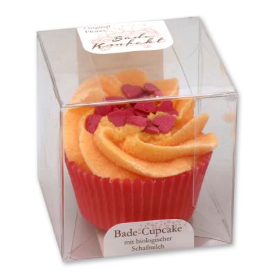 XL Badebutter-Cupcake mit Schafmilch 90g in Cellobox, Rote Zuckerherzen/Rose 