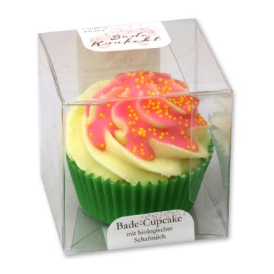 XL Badebutter-Cupcake mit Schafmilch 90g in Cellobox, Gelbe Zuckerkügelchen/ Rose-Lavendel 