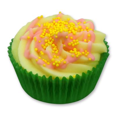 XL Badebutter-Cupcake mit Schafmilch 90g, Gelbe Zuckerkügelchen/Rose-Lavendel 