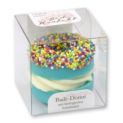 Badebutter-Donut mit Schafmilch 60g in Cellobox, Bunte Zuckerkügelchen/ Apfel-Zeder 