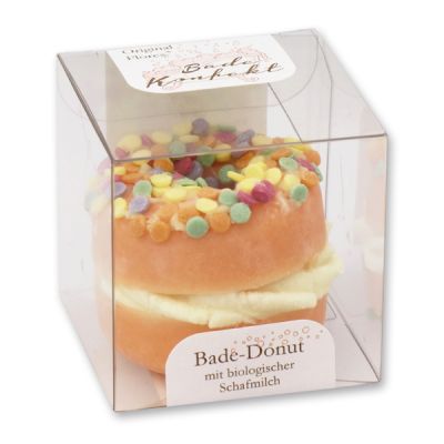 Badebutter-Donut mit Schafmilch 60g in Cellobox, Zuckerstreusel/Orange 