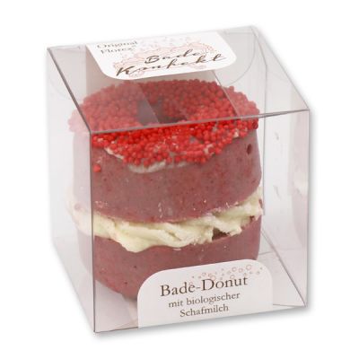 Badebutter-Donut mit Schafmilch 60g in Cellobox, Rote Zuckerkügelchen/Rote Rose 