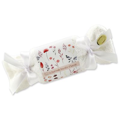 Sheep milk soap 100g in a washcloth "Blütenzart" with design 2, Classic 
