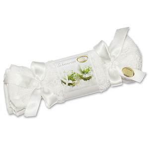 Sheep milk soap in a washing cloth with bows 100g, Christmas rose white 
