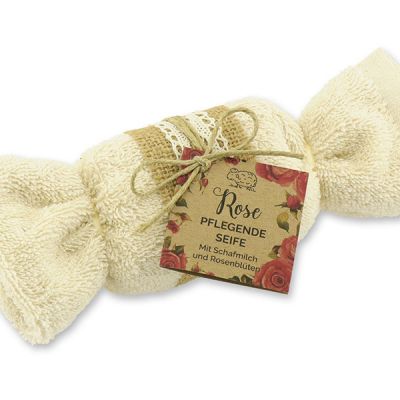 Sheep milk soap 100g in a washcloth "feel-good time", Rose with petals 