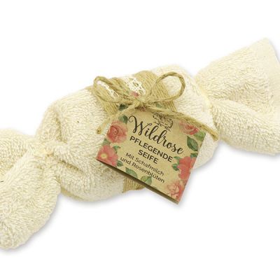 Sheep milk soap 100g in a washcloth "feel-good time", Wild rose with petals 