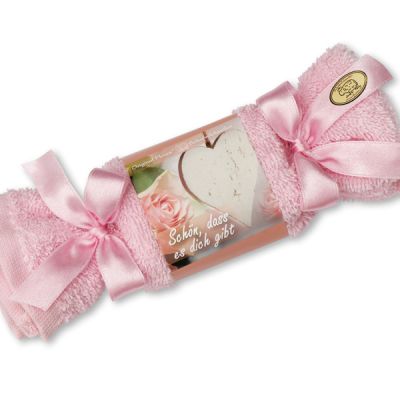 Sheep milk soap 100g in a washcloth "Schön, dass es dich gibt", Peony 