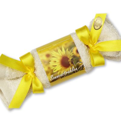 Schafmilchseife eckig 100g im Waschlappenzuckerl "Sonnenstrahlen", Sonnenblume 