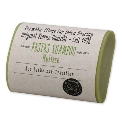 Festes Shampoo 100g halbrund verpackt mit Papier-Banderole, Melisse 