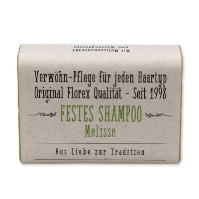 Festes Shampoo 100g eckig verpackt mit Papier-Banderole,  Melisse 