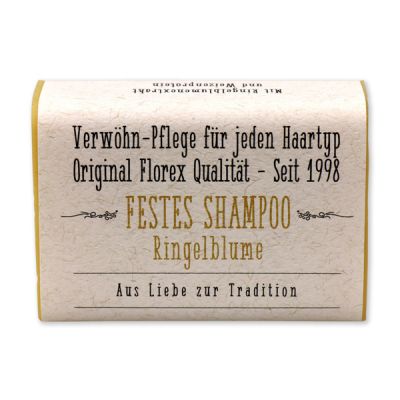 Festes Shampoo 100g eckig verpackt mit Papier-Banderole,  Ringelblume 