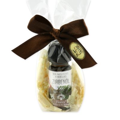 100% natural essential oil 10ml with swiss pine shavings in a cellophane bag, Swiss pine oil 