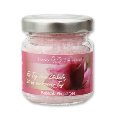 Bath salt 60g in a glass jar "Ein Tag ohne Lächeln ist ein verlorener Tag", Peony 