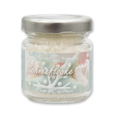 Bath salt 60g in a glass jar "Schneeflocke", Christmas rose white 