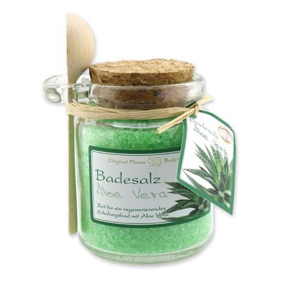 Bath salt 300g in a glass jar with a wooden spoon, Aloe vera 