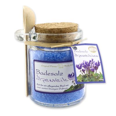 Bath salt 300g in a glass jar with a wooden spoon, Cyclamen 