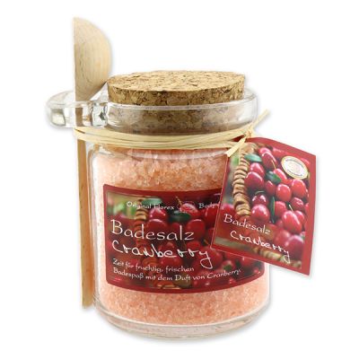 Bath salt 300g in a glass jar with a wooden spoon, Cranberry 