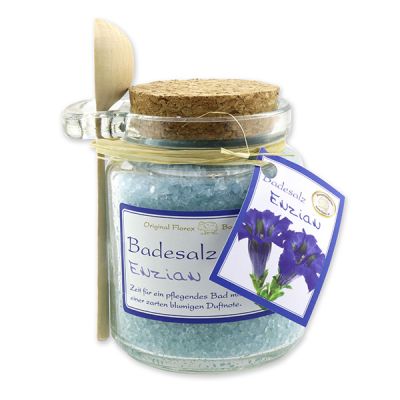 Bath salt 300g in a glass jar with a wooden spoon, Gentian 