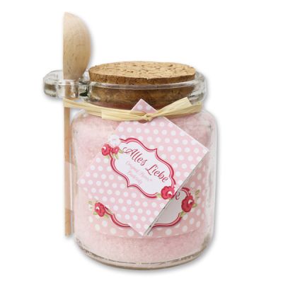 Bath salt 300g in a glass jar with a wooden spoon "Alles Liebe", Peony 