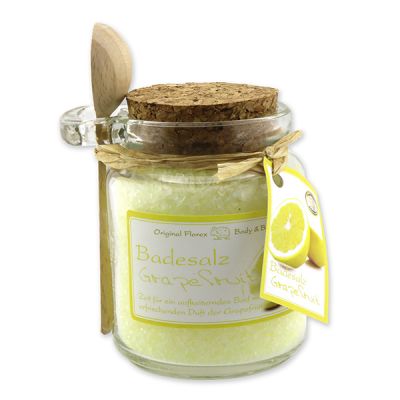 Bath salt 300g in a glass jar with a wooden spoon, Grapefruit 