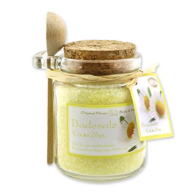 Bath salt 300g in a glass jar with a wooden spoon, Chamomile 