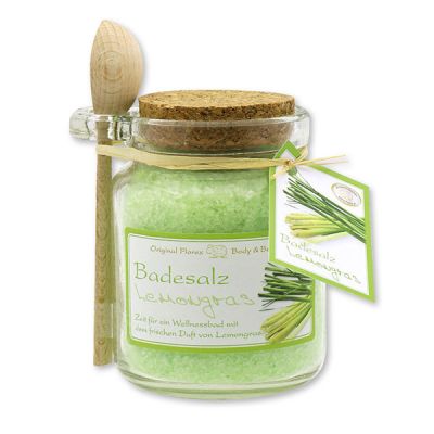 Bath salt 300g in a glass jar with a wooden spoon, Lemongras 