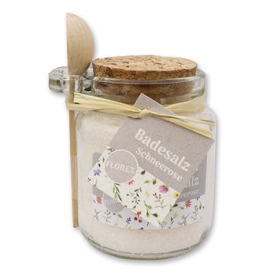 Bath salt 300g in a glass jar with wooden spoon "Kleine Auszeit", Christmas rose white 