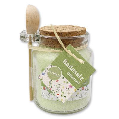 Bath salt 300g in a glass jar with wooden spoon "Entspannung", Olive oil 