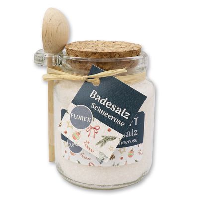 Bath salt 300g in a glass jar with wooden spoon "Zauberhaft", Christmas rose white 