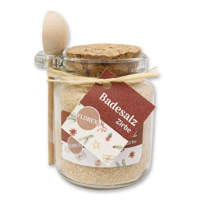 Bath salt 300g in a glass jar with wooden spoon "Gemütlichkeit", Swiss pine 