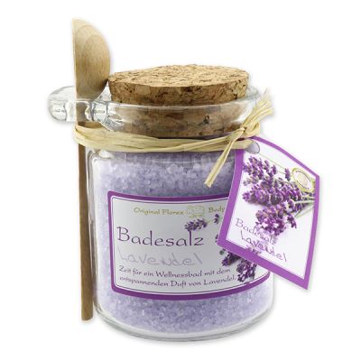 Bath salt 300g in a glass jar with a wooden spoon, Lavender 