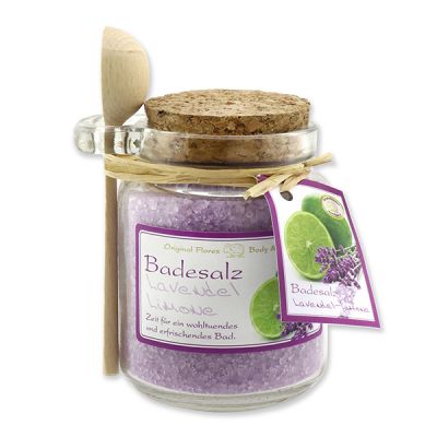 Bath salt 300g in a glass jar with a wooden spoon, Lavender Lime 