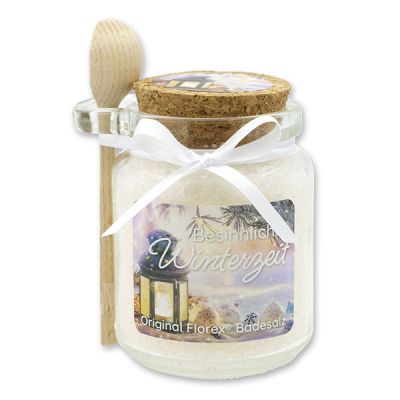 Bath salt 300g in a glass jar with a wooden spoon "Besinnliche Winterzeit", Christmas rose white 