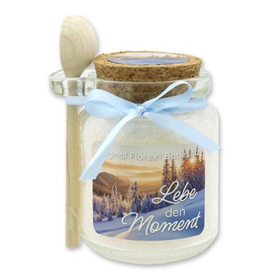 Bath salt 300g in a glass jar with a wooden spoon "Besinnliche Winterzeit", Christmas rose white 