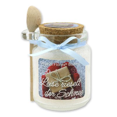 Bath salt 300g in a glass jar with a wooden spoon "Leise rieselt der Schnee", Christmas rose white 