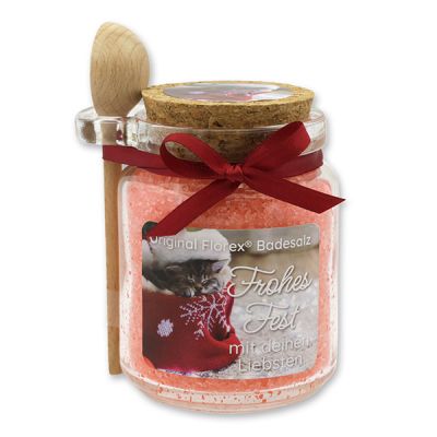 Bath salt 300g in a glass jar with a wooden spoon "Frohes Fest mit deinen Liebsten", Pomegranate 