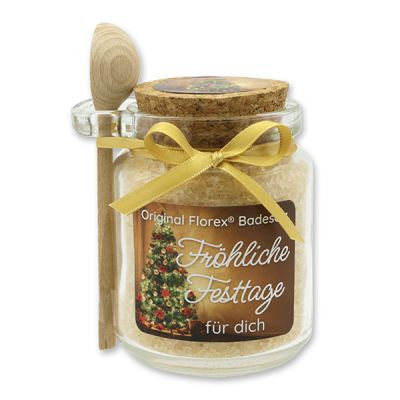 Bath salt 300g in a glass jar with a wooden spoon "Fröhliche Festtage für dich", Swiss pine 