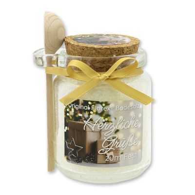 Bath salt 300g in a glass jar with a wooden spoon "Herzliche Grüße zum Fest", Classic 