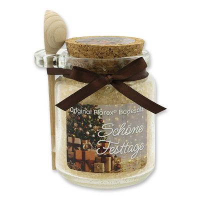 Bath salt 300g in a glass jar with a wooden spoon "Schöne Festtage", Swiss pine 