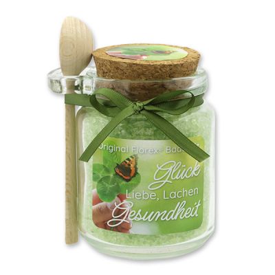Bath salt 300g in a glass jar with a wooden spoon "Glück, Liebe, Lachen, Gesundheit", Verbena 