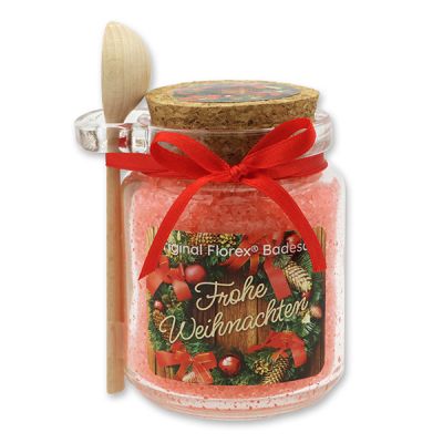 Bath salt 300g in a glass jar with a wooden spoon "Frohe Weihnachten", Pomegranate 