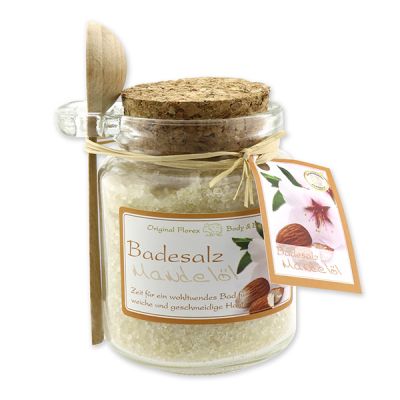 Bath salt 300g in a glass jar with a wooden spoon, Almond oil 