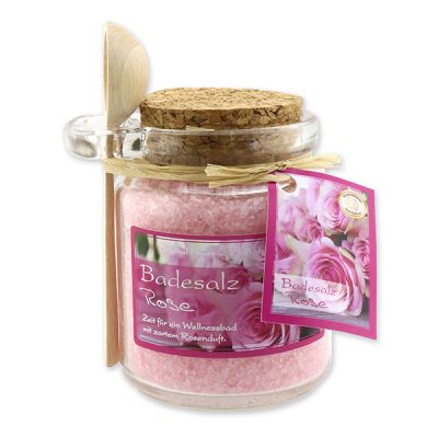 Bath salt 300g in a glass jar with a wooden spoon, Rose Diana 