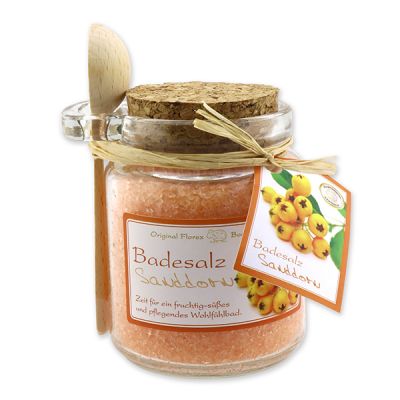 Bath salt 300g in a glass jar with a wooden spoon, Sea buckthorn 