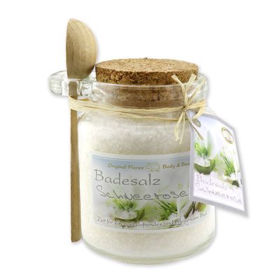 Badesalz 300g im Glas mit Holzlöffel, Schneerose 