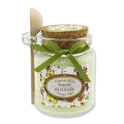 Bath salt 300g in a glass jar with a wooden spoon "Vintage motif 133", Olive oil 