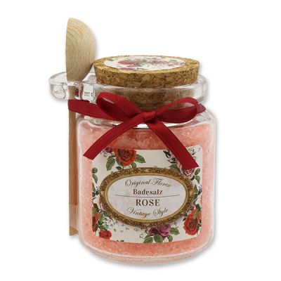Bath salt 300g in a glass jar with a wooden spoon "Vintage motif 139", Rose red 