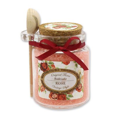 Bath salt 300g in a glass jar with a wooden spoon "Vintage motif 140", Rose red 