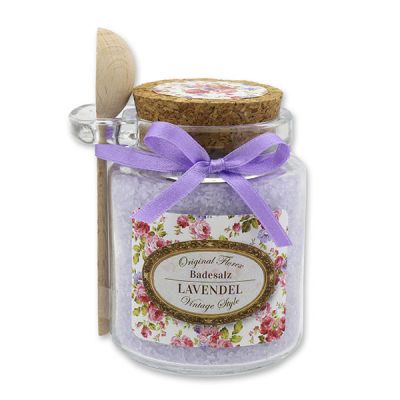 Bath salt 300g in a glass jar with a wooden spoon "Vintage motif 156", Lavender 